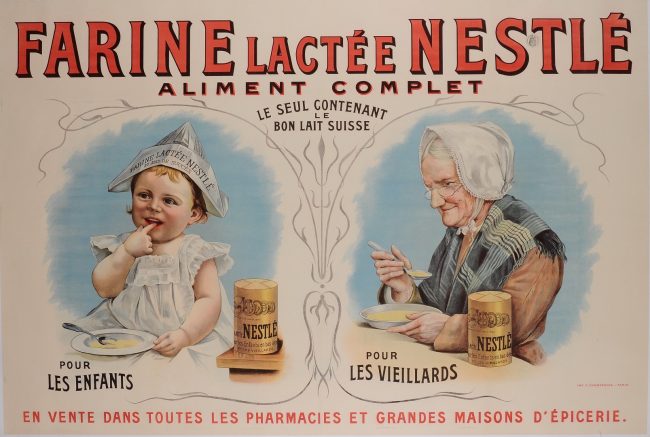 Première affiche et publicité de Nestlé pour les farines lactées pour nourrissons qui seront la base des préparations infantiles